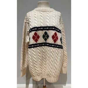 Vintage Abercrombie & Fitch Cream Knit Sweater Argyle Pattern Womens large wool